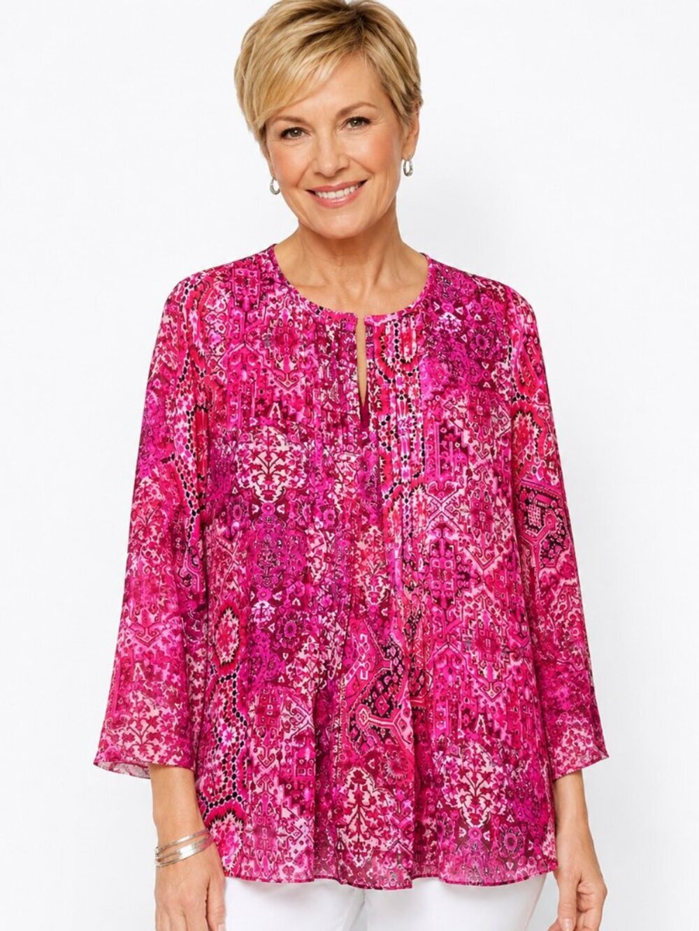 Elie Tahari Magenta Pink Print Silk Pleated Tunic Top